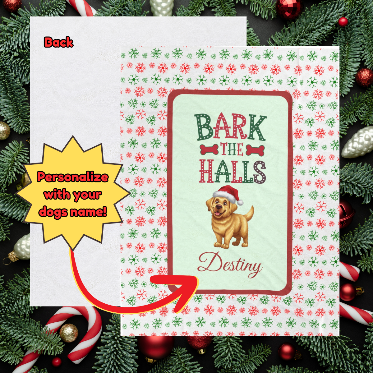 Labrador Retriever (Yellow) Personalized Velveteen Plush Blanket - "Bark The Halls" | Cozy Holiday Gift for Dog Lovers