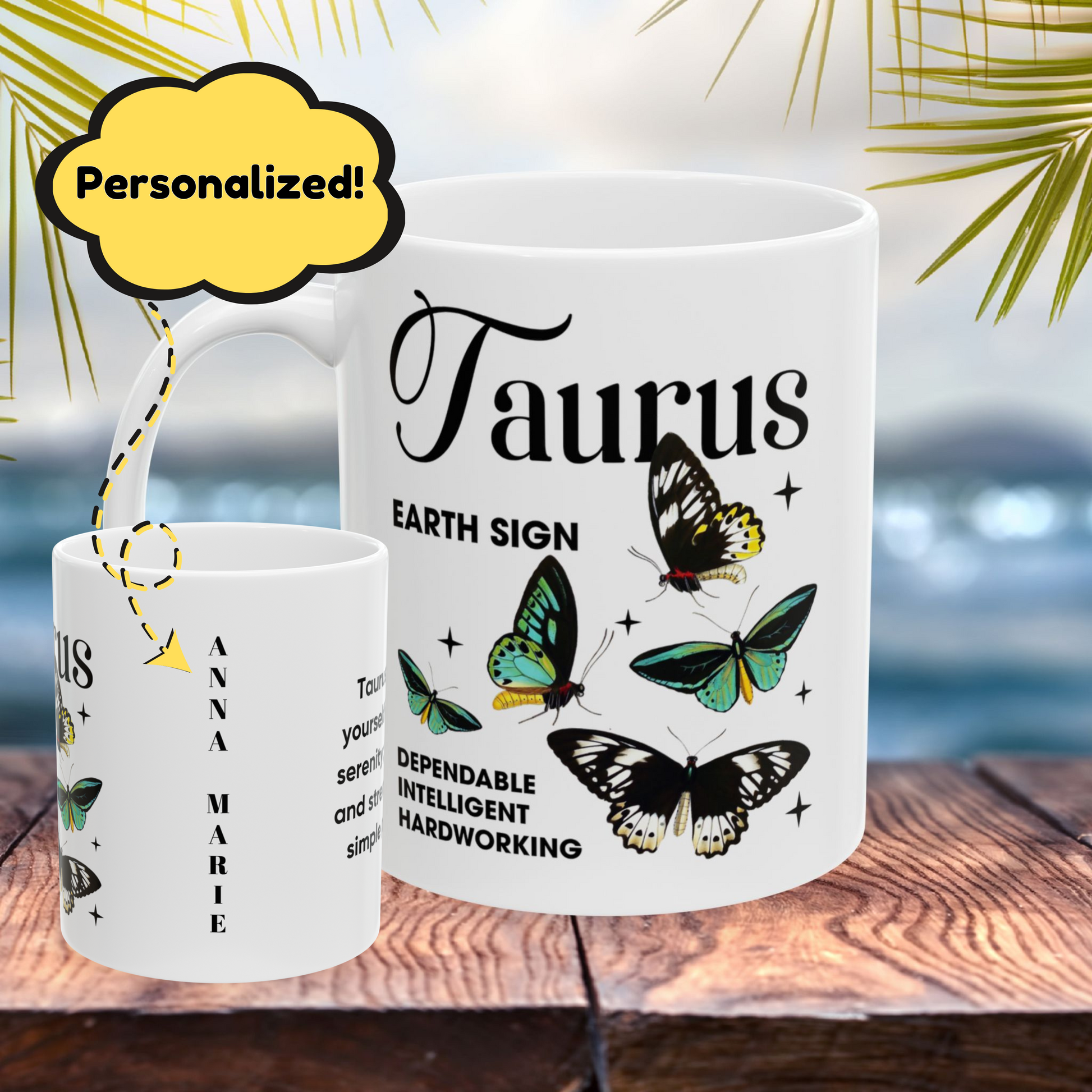 Taurus Personalized Zodiac Mug, Gift for Taurus, Horoscope Gift, Taurus Birthday, Butterfly Design, Astrology Taurus Mug, Taurus Zodiac Sign, Zodiac Gift