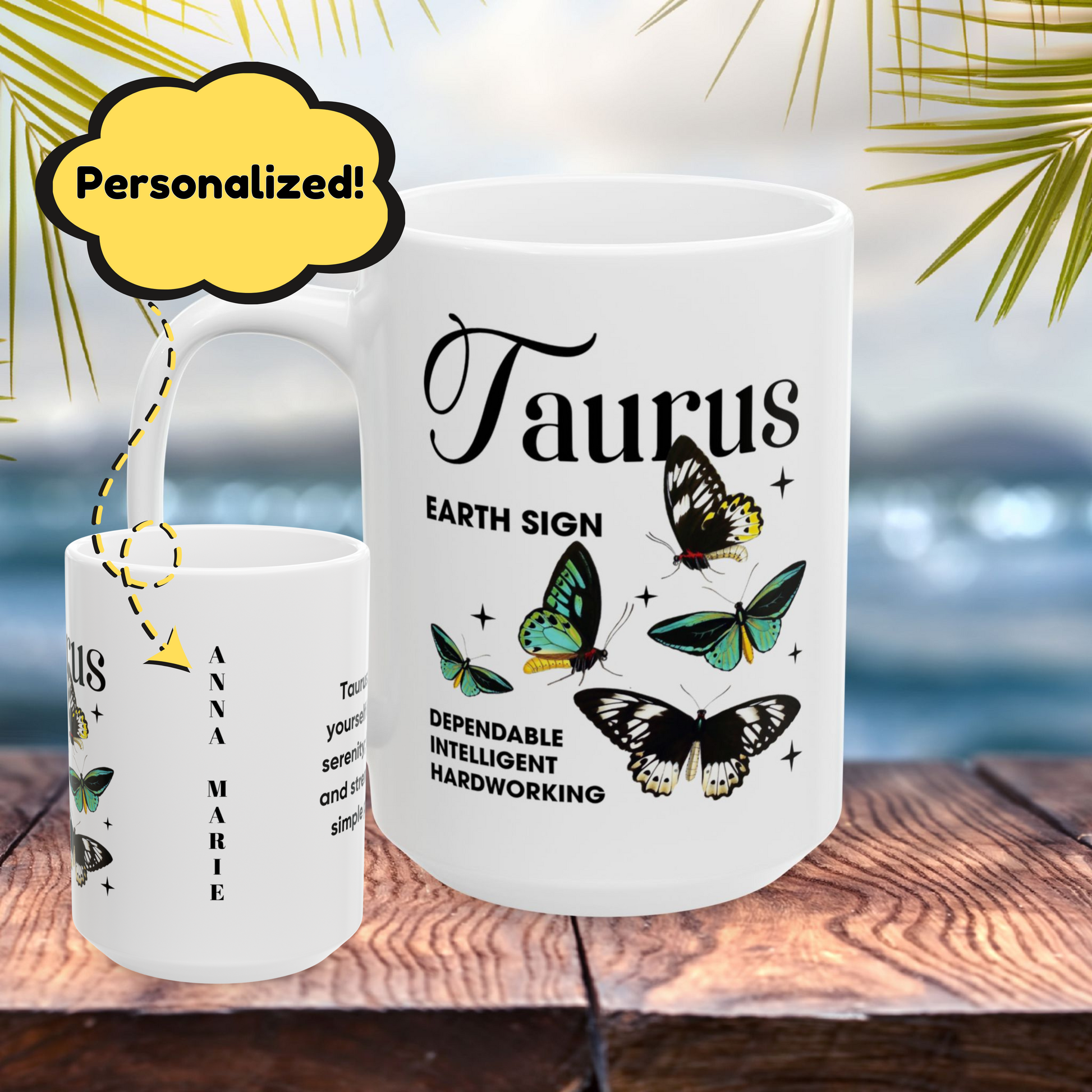 Taurus Personalized Zodiac Mug, Gift for Taurus, Horoscope Gift, Taurus Birthday, Butterfly Design, Astrology Taurus Mug, Taurus Zodiac Sign, Zodiac Gift