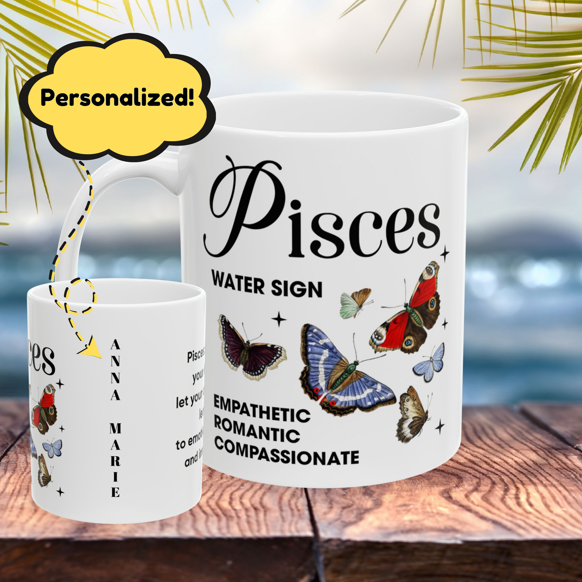 Pisces Personalized Zodiac Mug, Gift for Pisces, Horoscope Gift, Pisces Birthday, Butterfly Design, Astrology Pisces Mug, Pisces Zodiac Sign, Zodiac Gift