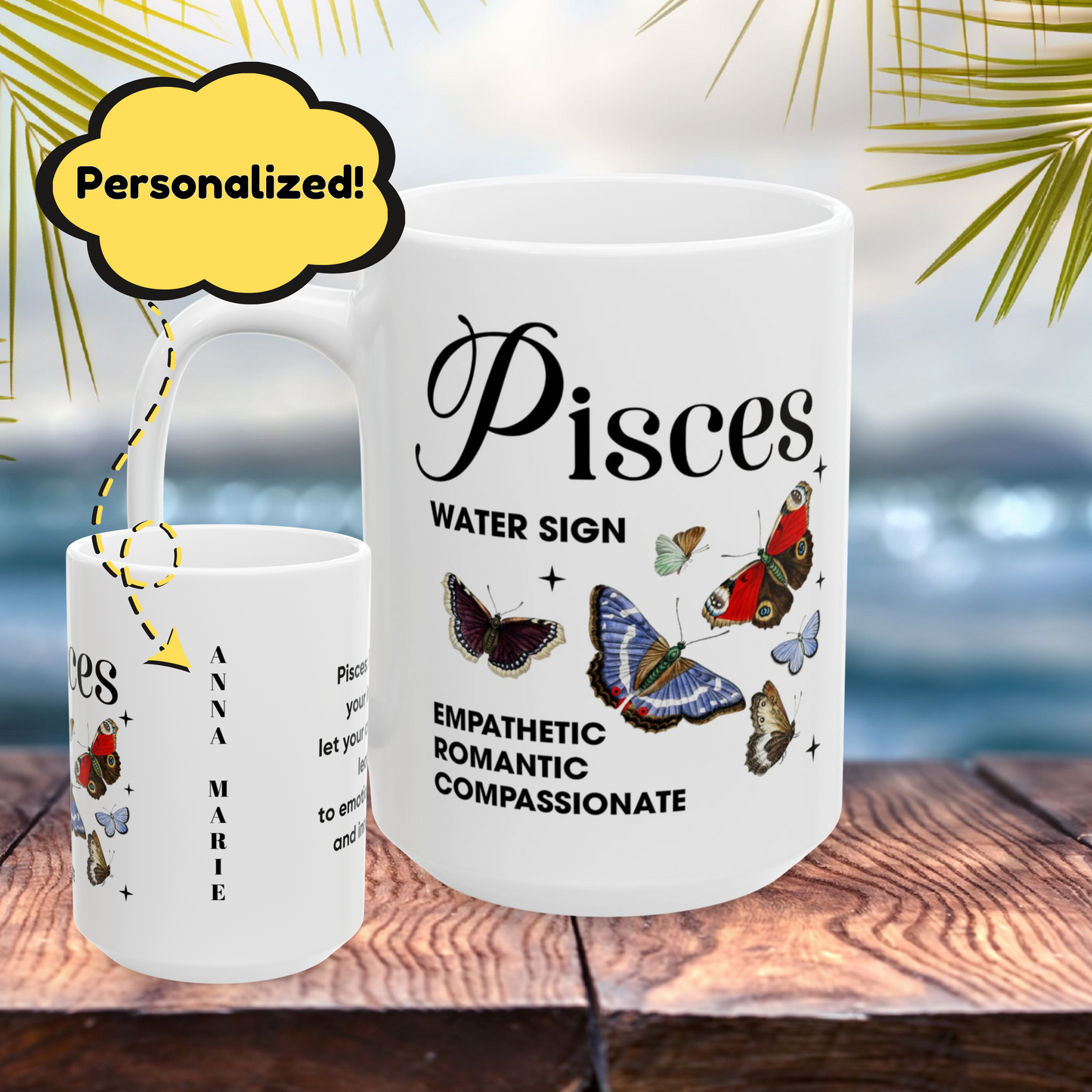 Pisces Personalized Zodiac Mug, Gift for Pisces, Horoscope Gift, Pisces Birthday, Butterfly Design, Astrology Pisces Mug, Pisces Zodiac Sign, Zodiac Gift
