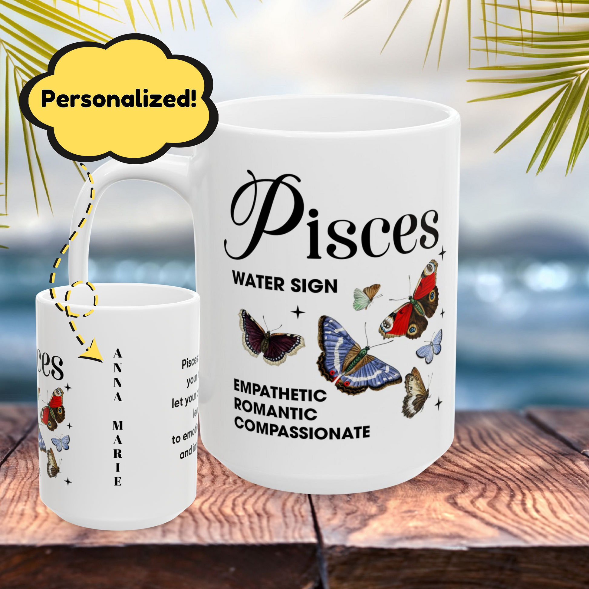 Pisces Personalized Zodiac Mug, Gift for Pisces, Horoscope Gift, Pisces Birthday, Butterfly Design, Astrology Pisces Mug, Pisces Zodiac Sign, Zodiac Gift