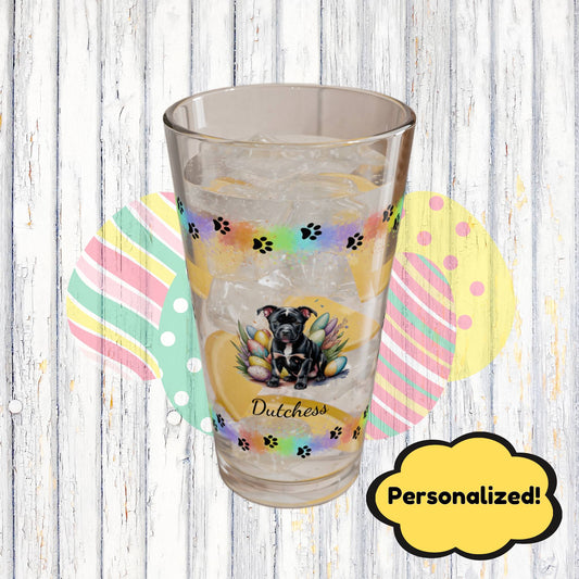 Pitbull (Black) Personalized Easter Puppy 16oz Pint Glass - Custom Dog Design, Mental Health Gift, Easter Décor, and Festive Celebrations