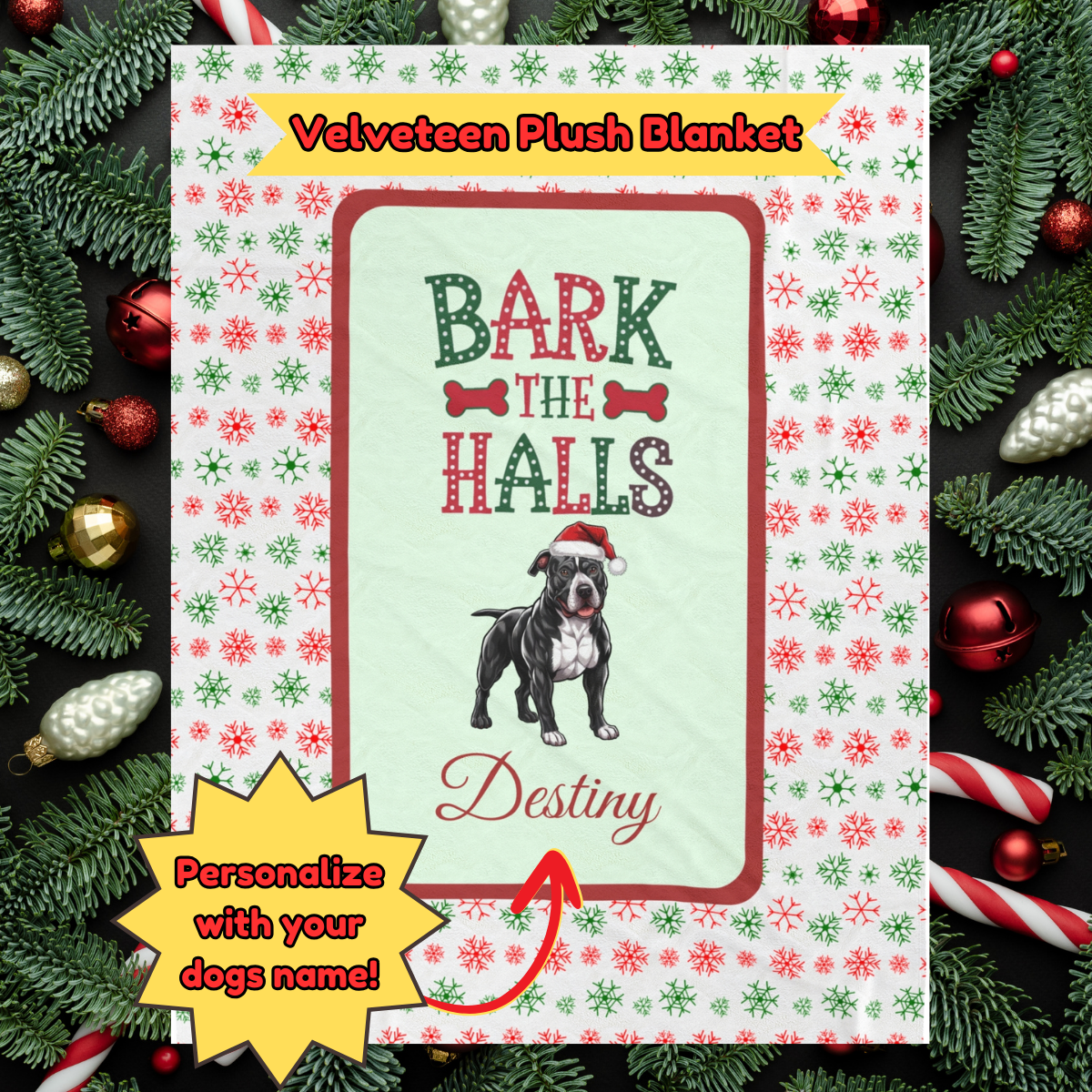 Pitbull (Black & White) Personalized Velveteen Plush Blanket - "Bark The Halls" | Cozy Holiday Gift for Dog Lovers
