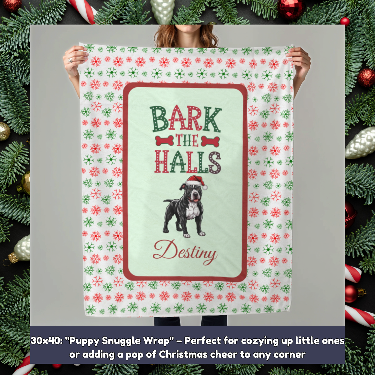 Pitbull (Black & White) Personalized Velveteen Plush Blanket - "Bark The Halls" | Cozy Holiday Gift for Dog Lovers