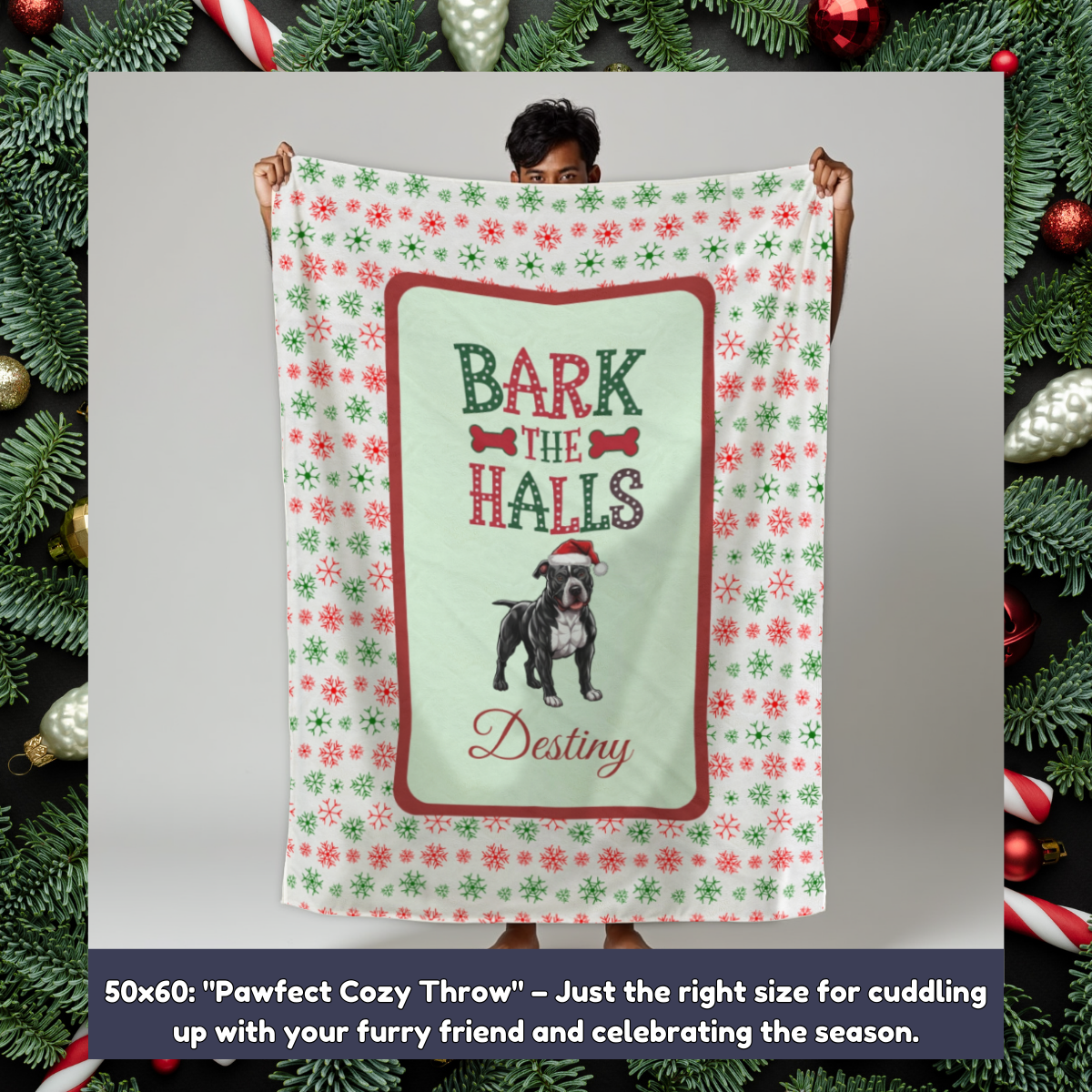Pitbull (Black & White) Personalized Velveteen Plush Blanket - "Bark The Halls" | Cozy Holiday Gift for Dog Lovers