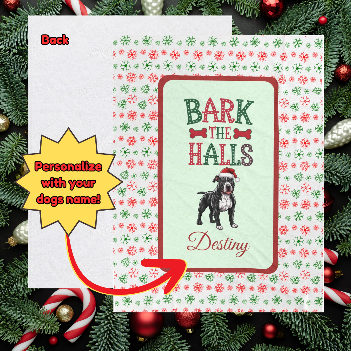 Pitbull (Black & White) Personalized Velveteen Plush Blanket - "Bark The Halls" | Cozy Holiday Gift for Dog Lovers