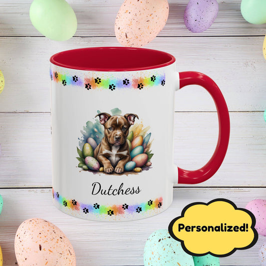 Pitbull (Brown): Personalized Easter Puppy Coffee Mug - Adorable Dog Design, Mental Health Gift, 11oz & 15oz, 12 Color Choices, Easter Gifts & Décor