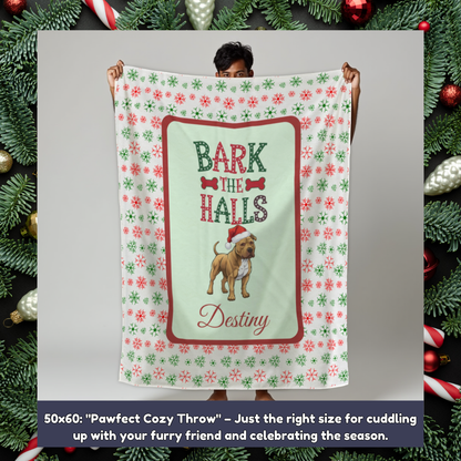 Pitbull (Buckskin) Personalized Velveteen Plush Blanket - "Bark The Halls" | Cozy Holiday Gift for Dog Lovers