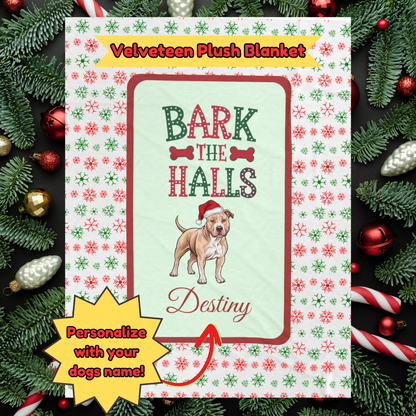 Pitbull (Fawn) Personalized Velveteen Plush Blanket - "Bark The Halls" | Cozy Holiday Gift for Dog Lovers
