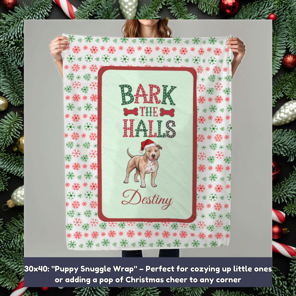 Pitbull (Fawn) Personalized Velveteen Plush Blanket - "Bark The Halls" | Cozy Holiday Gift for Dog Lovers