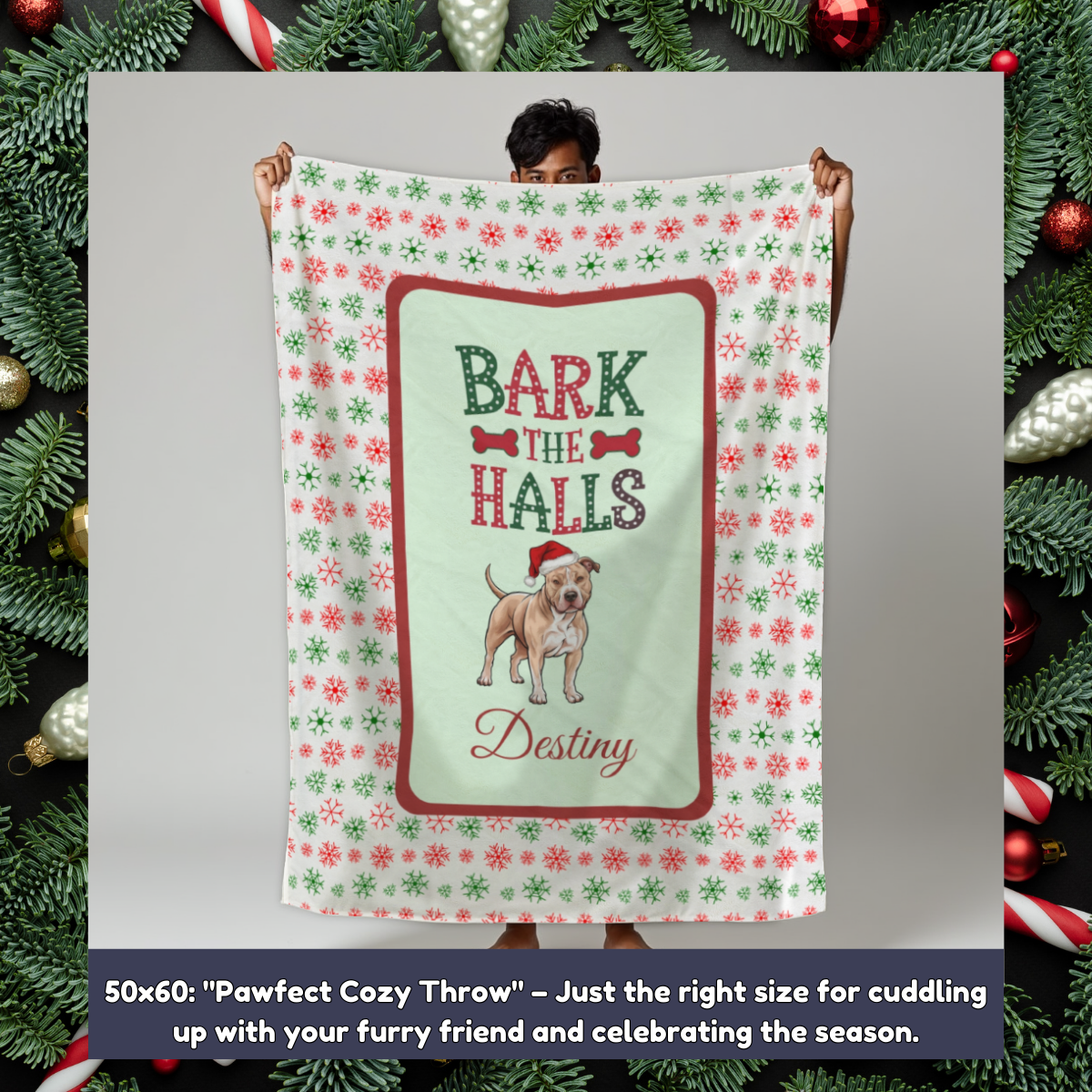 Pitbull (Fawn) Personalized Velveteen Plush Blanket - "Bark The Halls" | Cozy Holiday Gift for Dog Lovers