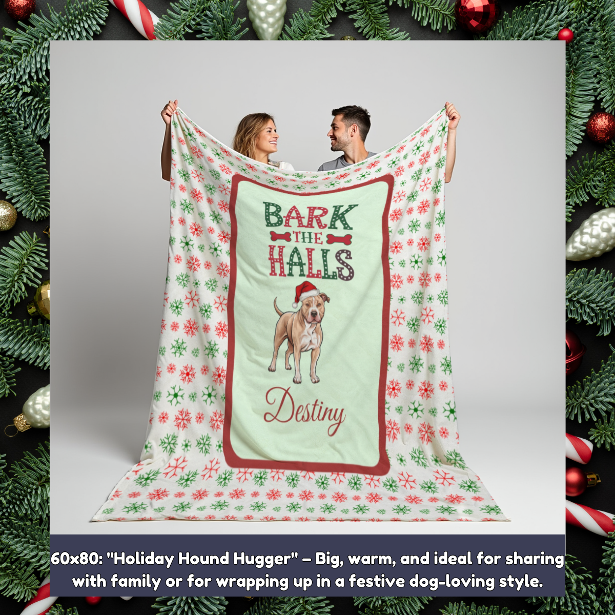 Pitbull (Fawn) Personalized Velveteen Plush Blanket - "Bark The Halls" | Cozy Holiday Gift for Dog Lovers