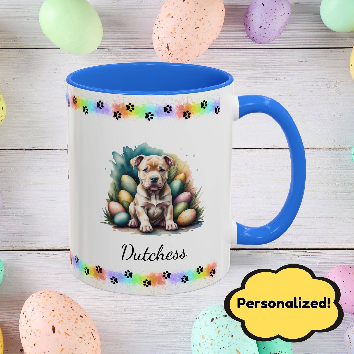 Pitbull (Tan): Personalized Easter Puppy Coffee Mug - Adorable Dog Design, Mental Health Gift, 11oz & 15oz, 12 Color Choices, Easter Gifts & Décor