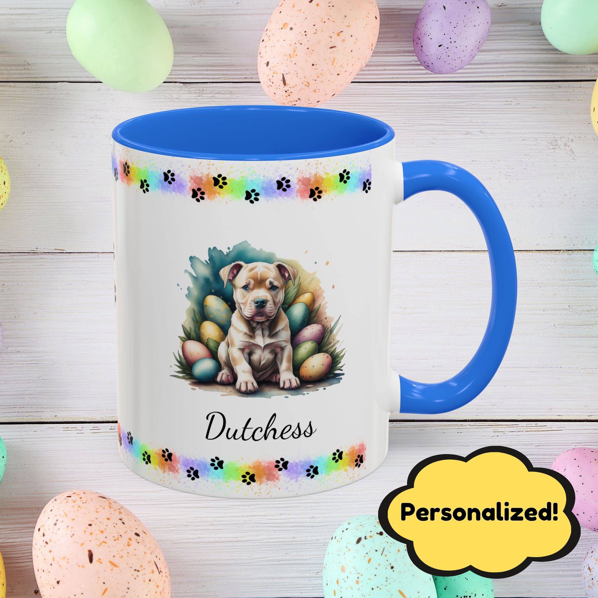 Pitbull (Tan): Personalized Easter Puppy Coffee Mug - Adorable Dog Design, Mental Health Gift, 11oz & 15oz, 12 Color Choices, Easter Gifts & Décor
