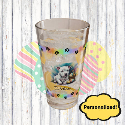 Pitbull (White) Personalized Easter Puppy 16oz Pint Glass - Custom Dog Design, Mental Health Gift, Easter Décor, and Festive Celebrations
