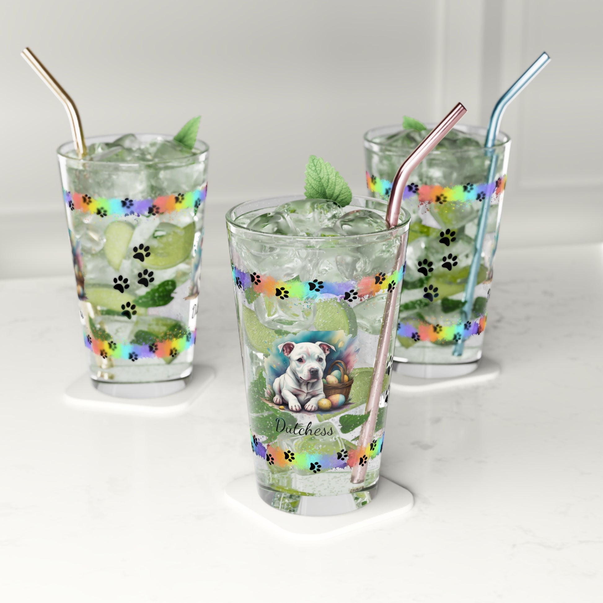 Pitbull (White) Personalized Easter Puppy 16oz Pint Glass - Custom Dog Design, Mental Health Gift, Easter Décor, and Festive Celebrations