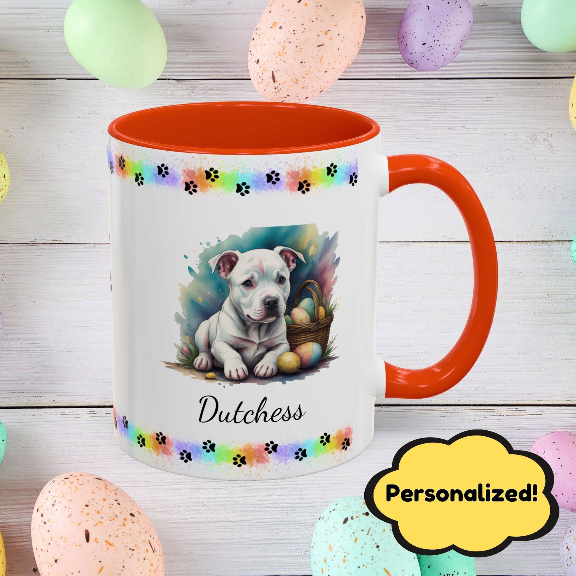 Pitbull (White): Personalized Easter Puppy Coffee Mug - Adorable Dog Design, Mental Health Gift, 11oz & 15oz, 12 Color Choices, Easter Gifts & Décor
