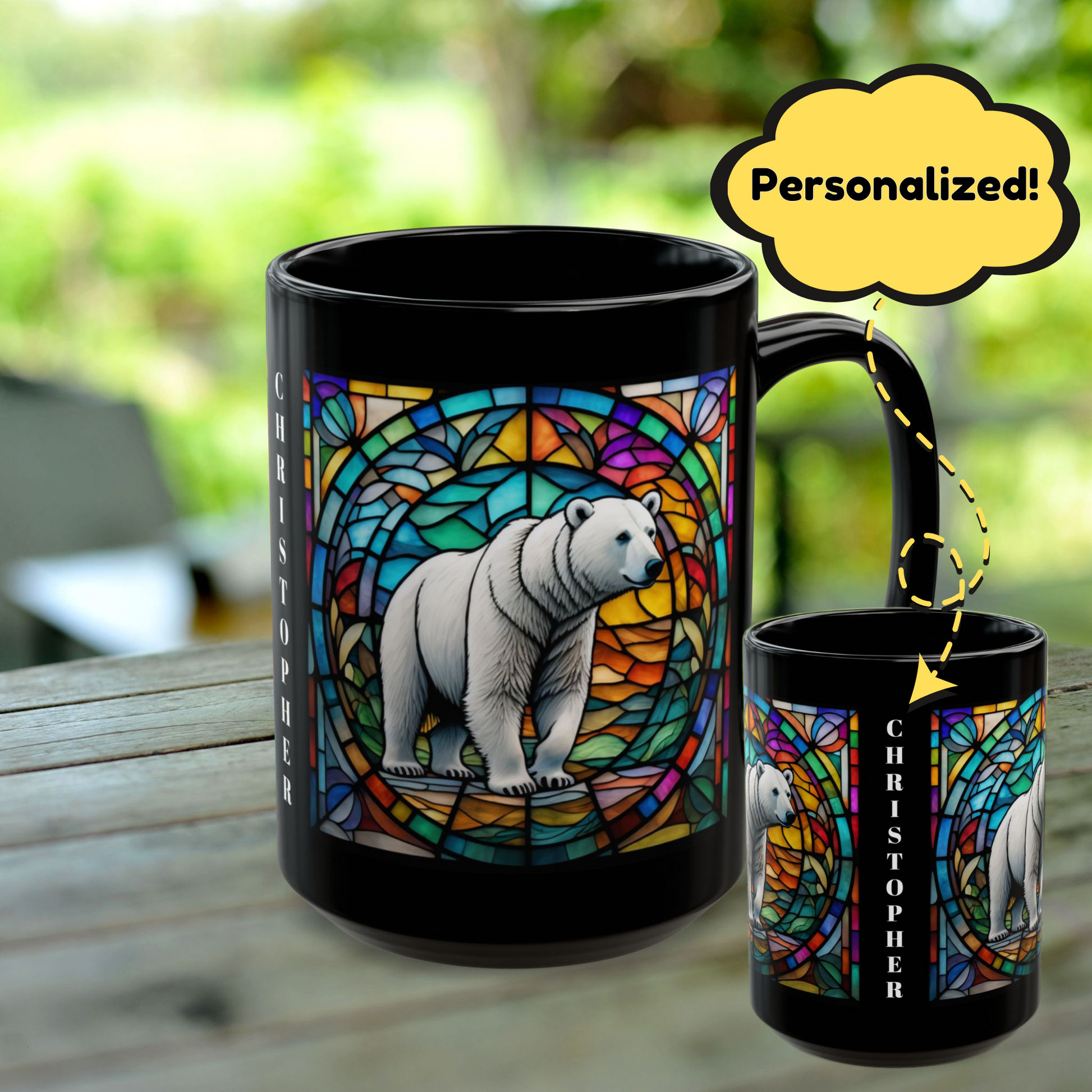 Polar Bear Personalized Mug, Stained Glass Zoo Animal Design, Unique Ceramic Gift for Wildlife Lovers, Coffee, Tea, & Hot Chocolate Cup