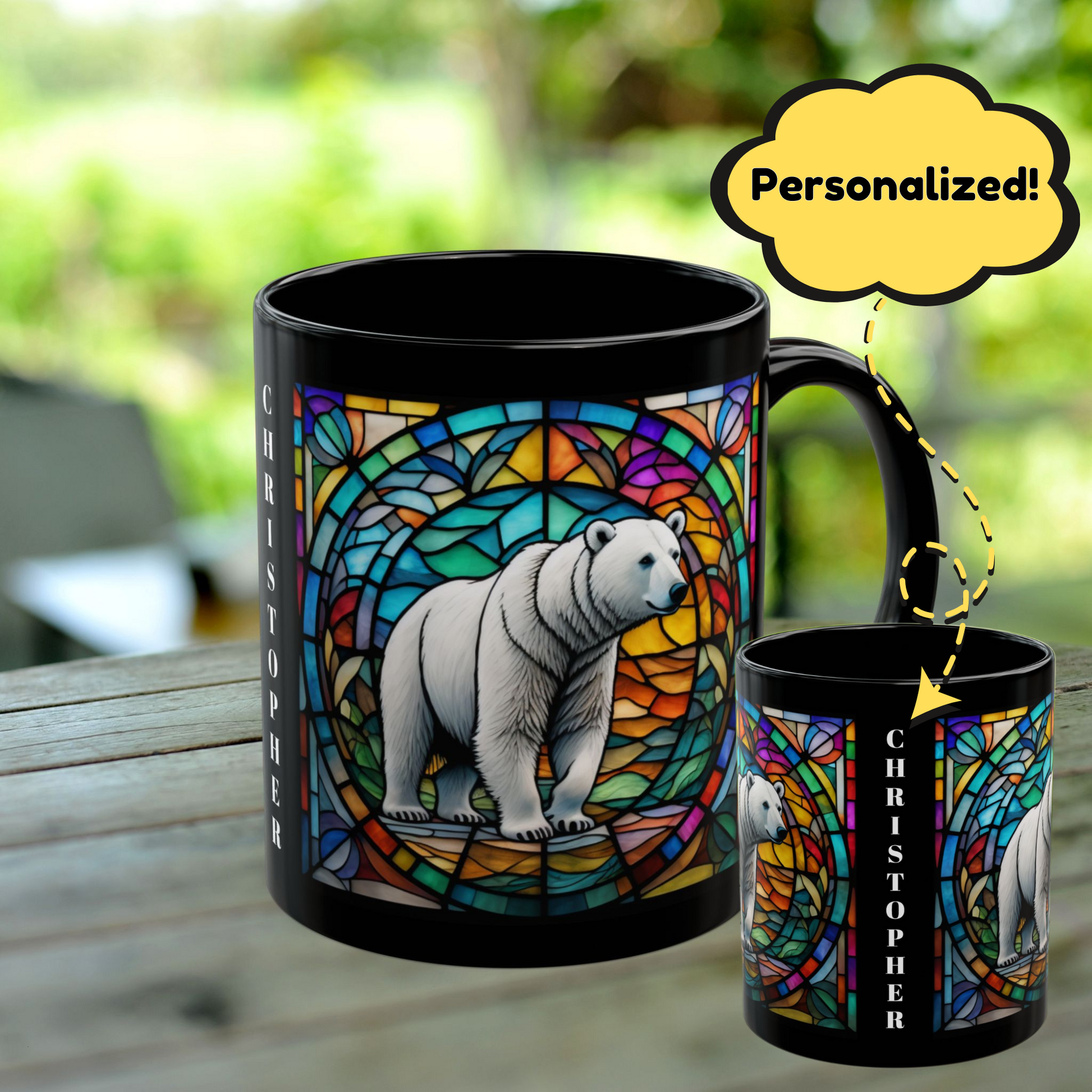 Polar Bear Personalized Mug, Stained Glass Zoo Animal Design, Unique Ceramic Gift for Wildlife Lovers, Coffee, Tea, & Hot Chocolate Cup