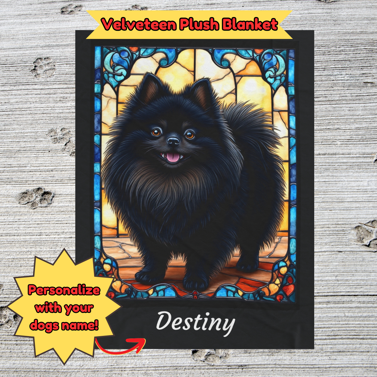 Pomeranian (Black) Personalized Velveteen Plush Blanket, Pet Lover Gift, Pomeranian Pet Blanket, Dog Lover Gift, Custom Pomeranian Throw