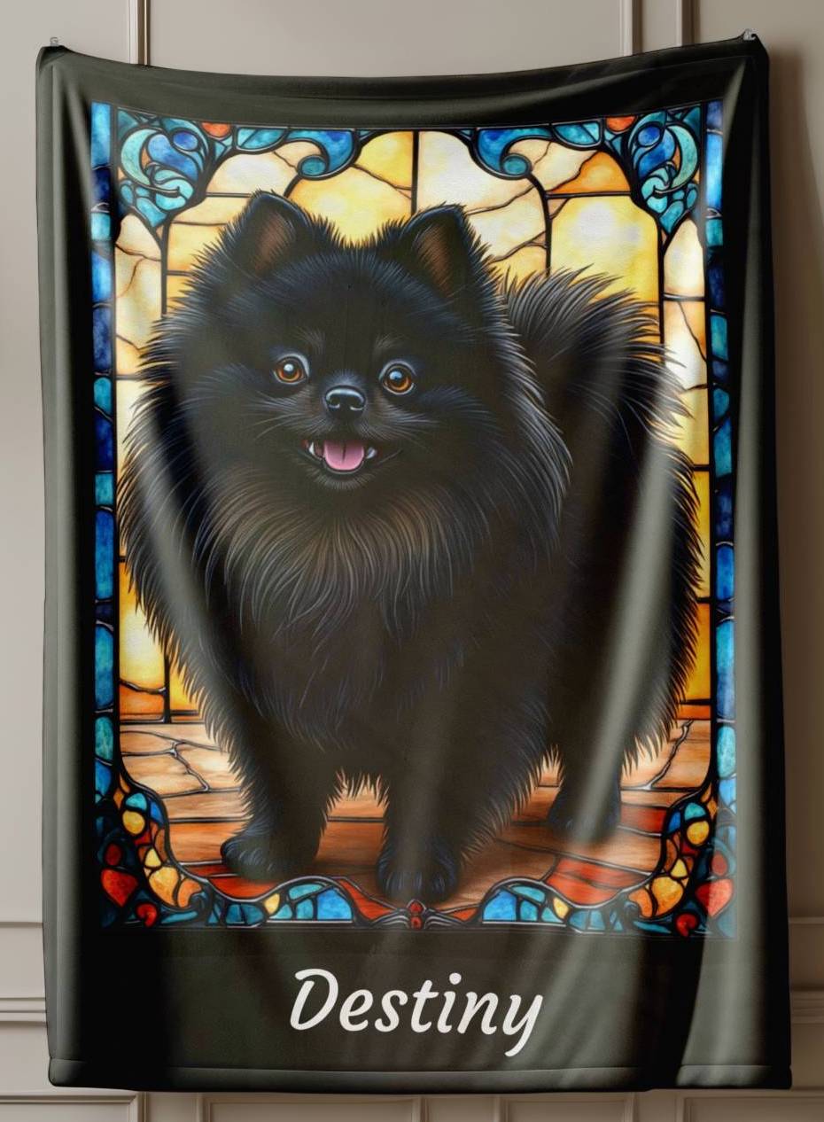 Pomeranian (Black) Personalized Velveteen Plush Blanket, Pet Lover Gift, Pomeranian Pet Blanket, Dog Lover Gift, Custom Pomeranian Throw