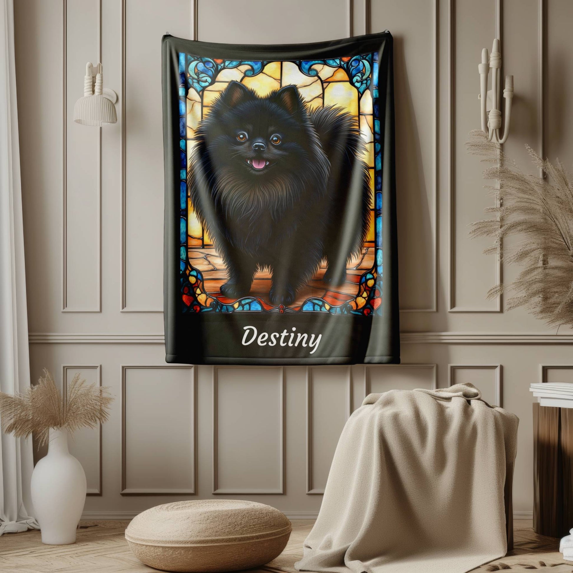 Pomeranian (Black) Personalized Velveteen Plush Blanket, Pet Lover Gift, Pomeranian Pet Blanket, Dog Lover Gift, Custom Pomeranian Throw