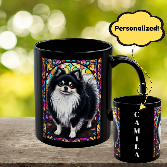 Black and white Pomeranian custom name mug for dog moms