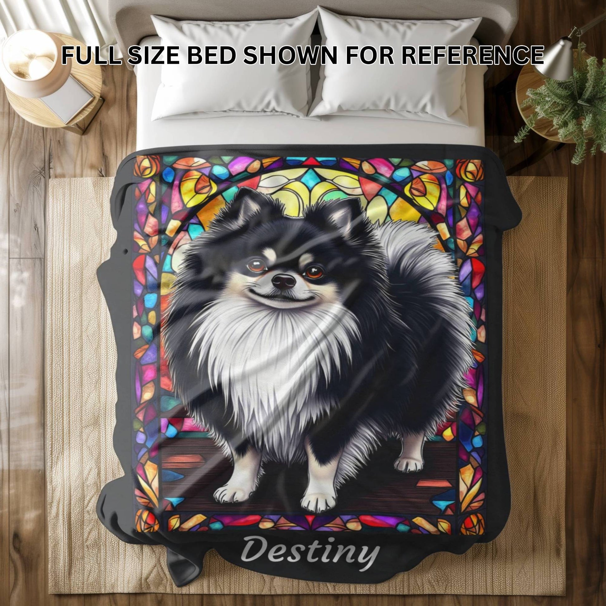 Pomeranian (Black & White) Velveteen Plush Stained Glass Dog Blanket, Pet Lover Gift