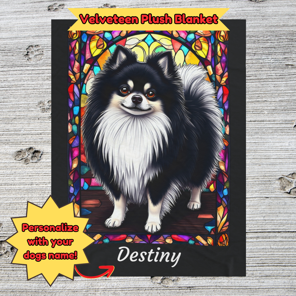 Pomeranian (Black & White) Velveteen Plush Stained Glass Dog Blanket, Pet Lover Gift