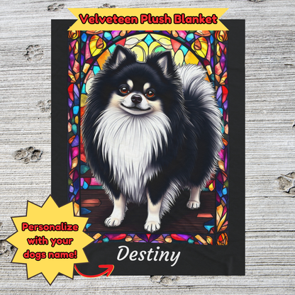 Pomeranian (Black & White) Velveteen Plush Stained Glass Dog Blanket, Pet Lover Gift