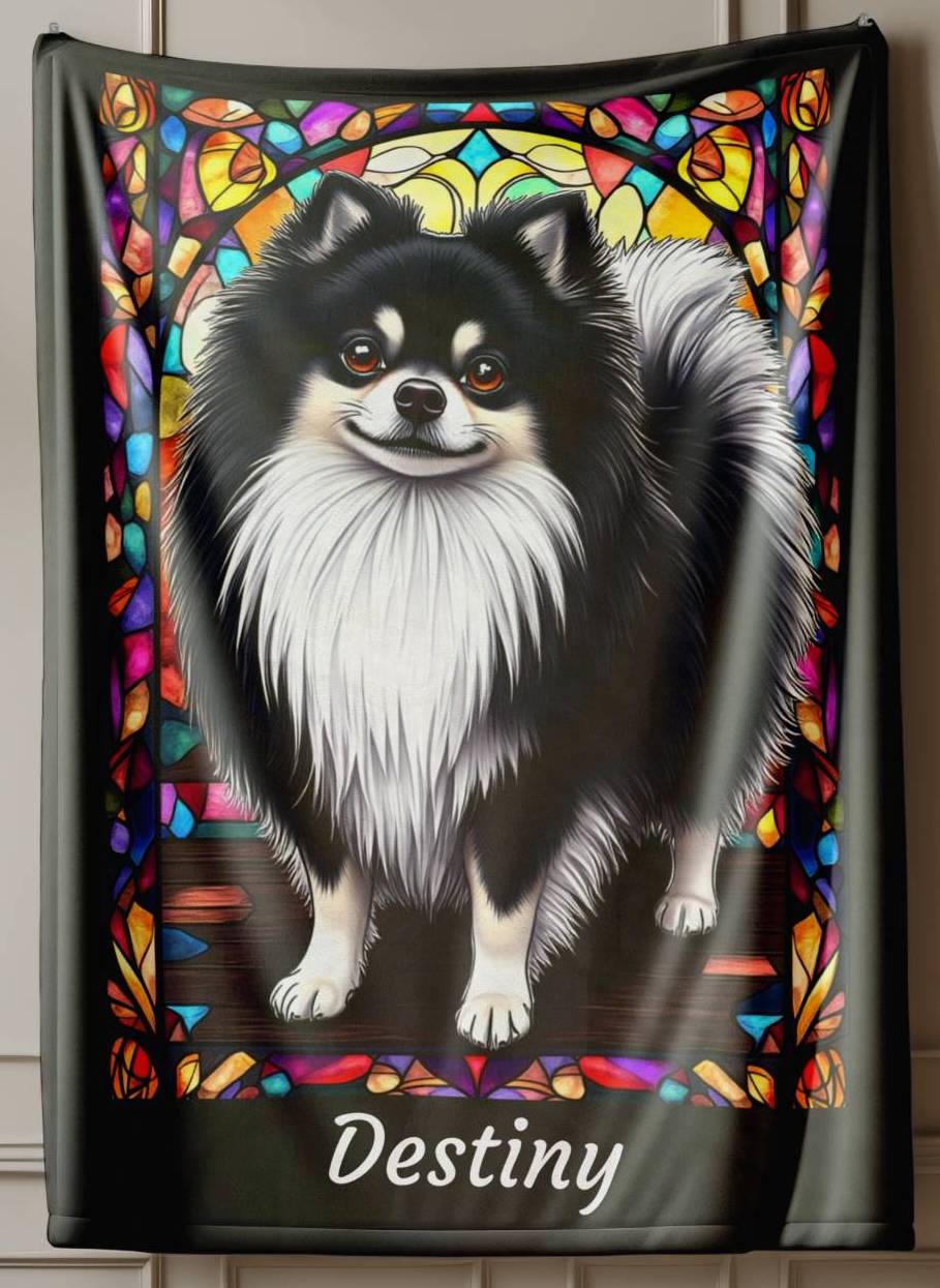 Pomeranian (Black & White) Velveteen Plush Stained Glass Dog Blanket, Pet Lover Gift
