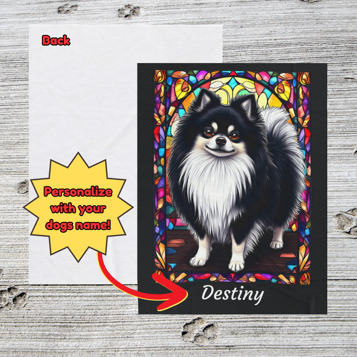 Pomeranian (Black & White) Velveteen Plush Stained Glass Dog Blanket, Pet Lover Gift