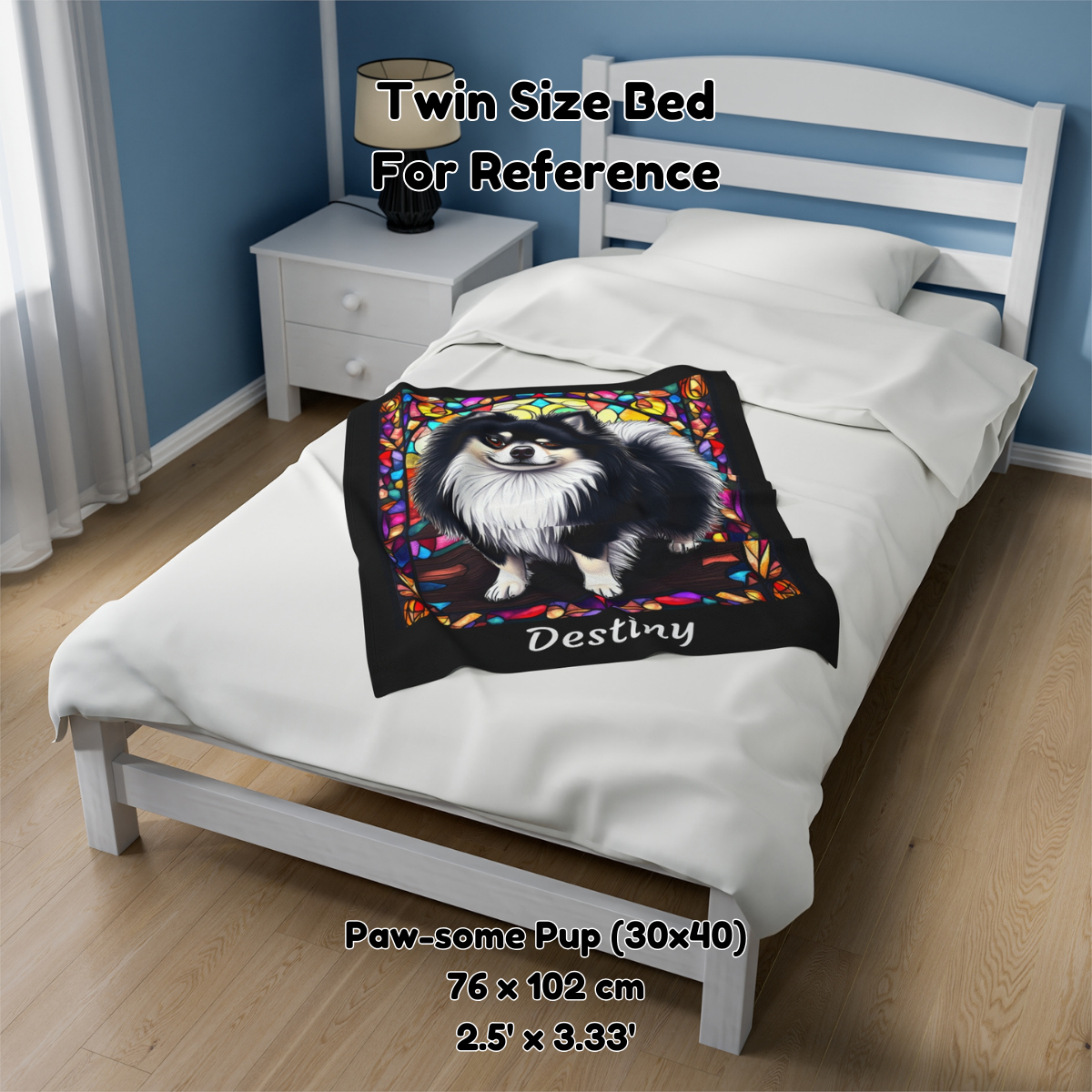 Pomeranian (Black & White) Velveteen Plush Stained Glass Dog Blanket, Pet Lover Gift