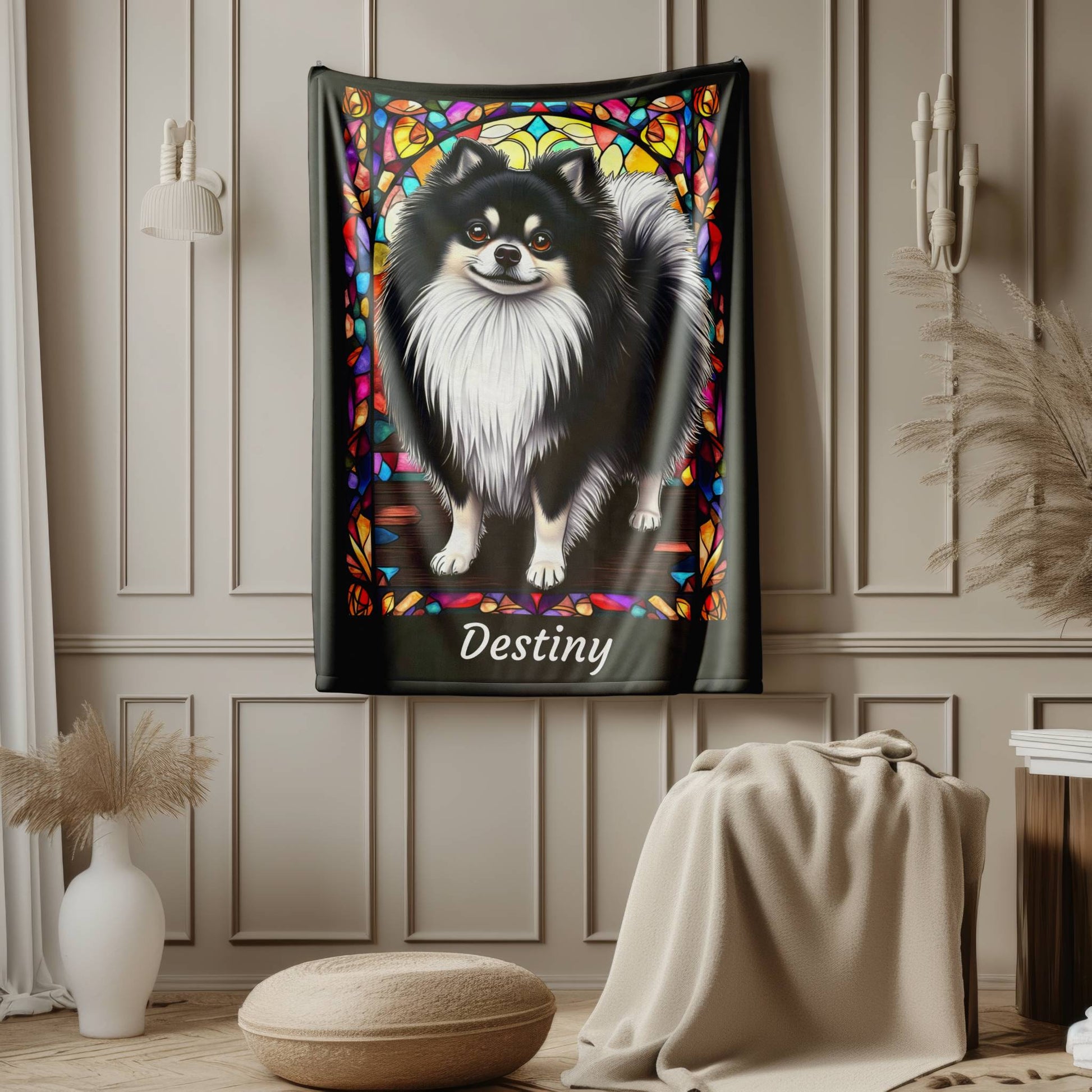 Pomeranian (Black & White) Velveteen Plush Stained Glass Dog Blanket, Pet Lover Gift