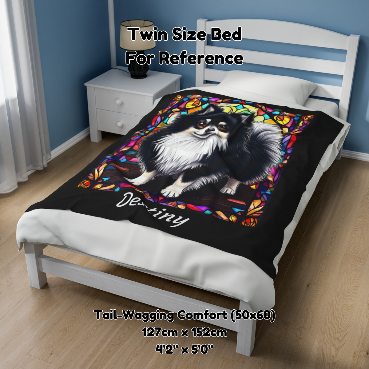 Pomeranian (Black & White) Velveteen Plush Stained Glass Dog Blanket, Pet Lover Gift