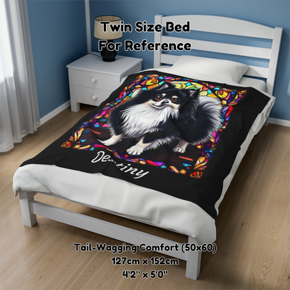 Pomeranian (Black & White) Velveteen Plush Stained Glass Dog Blanket, Pet Lover Gift