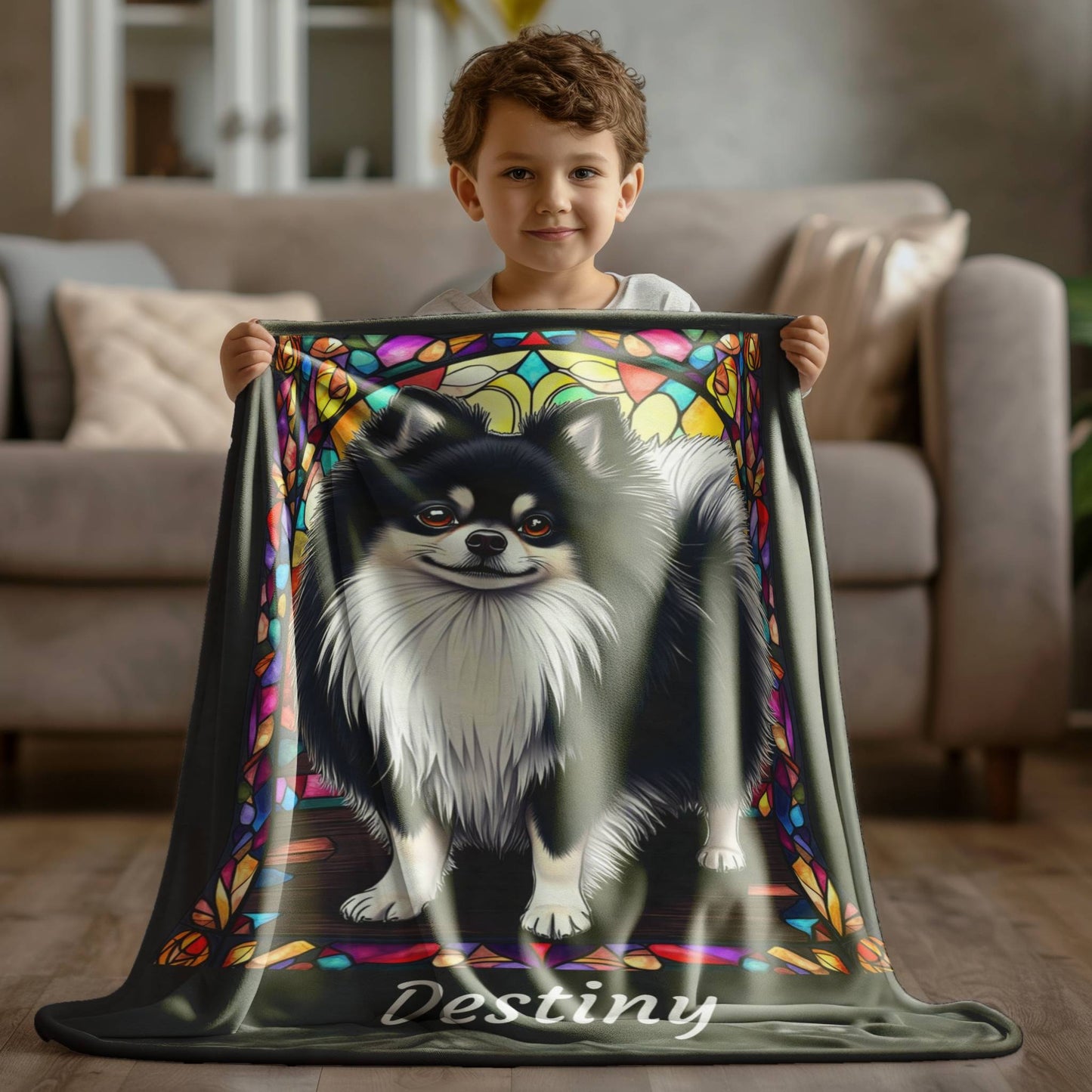 Pomeranian (Black & White) Velveteen Plush Stained Glass Dog Blanket, Pet Lover Gift
