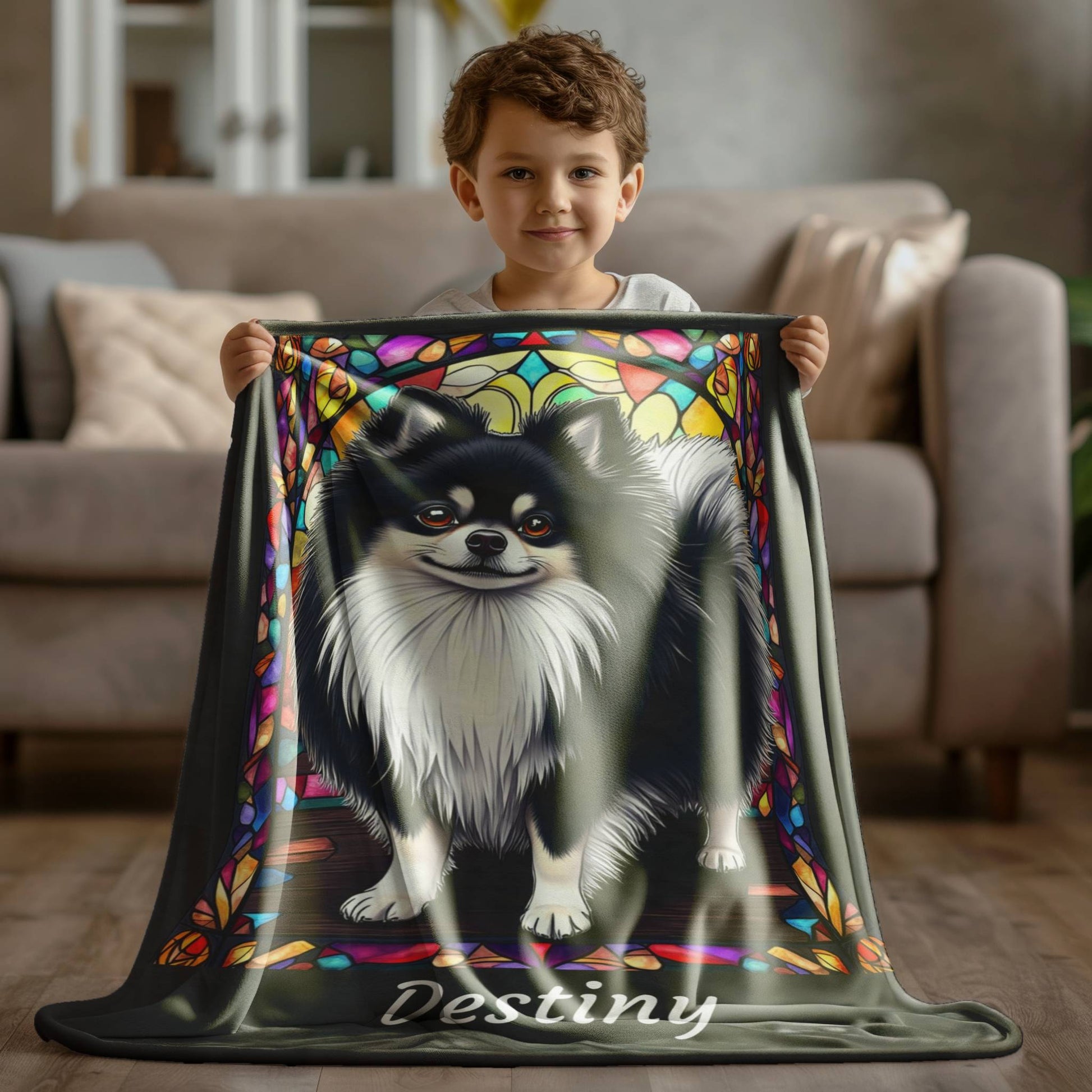 Pomeranian (Black & White) Velveteen Plush Stained Glass Dog Blanket, Pet Lover Gift