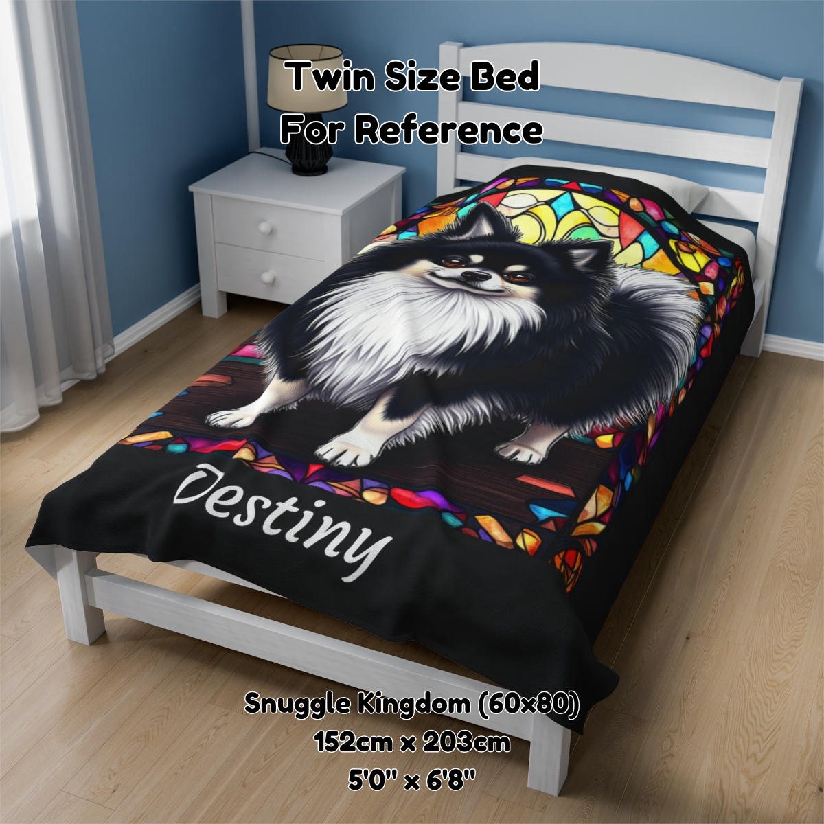 Pomeranian (Black & White) Velveteen Plush Stained Glass Dog Blanket, Pet Lover Gift
