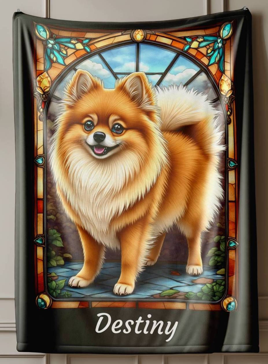 Pomeranian (Orange Sable) Velveteen Plush Stained Glass Dog Blanket, Pet Lover Gift