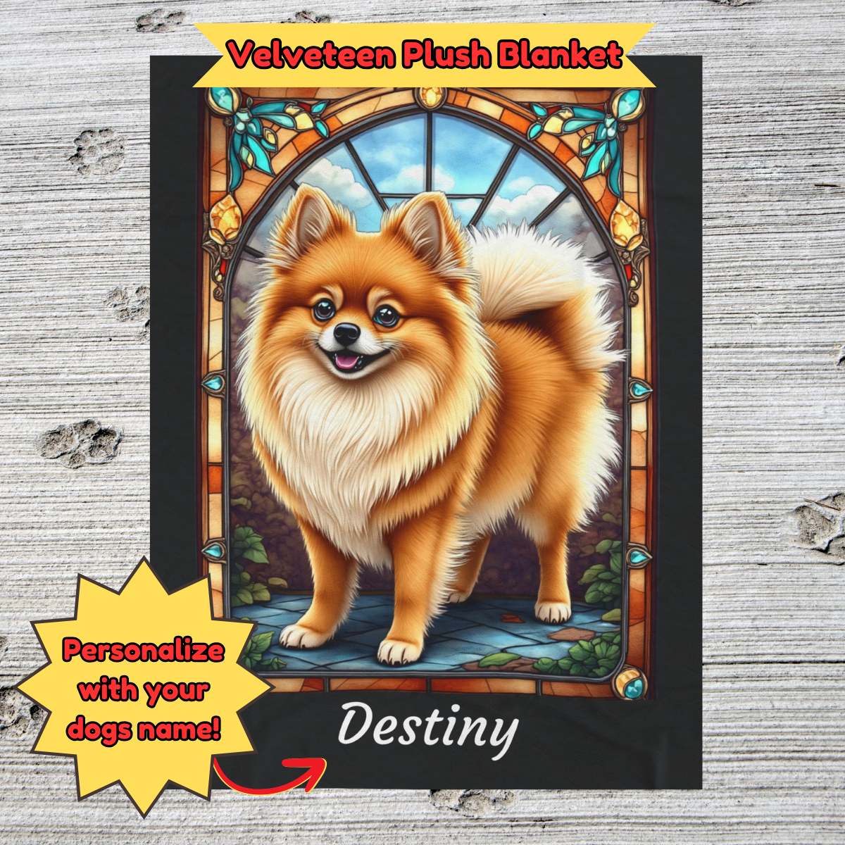 Pomeranian (Orange Sable) Velveteen Plush Stained Glass Dog Blanket, Pet Lover Gift