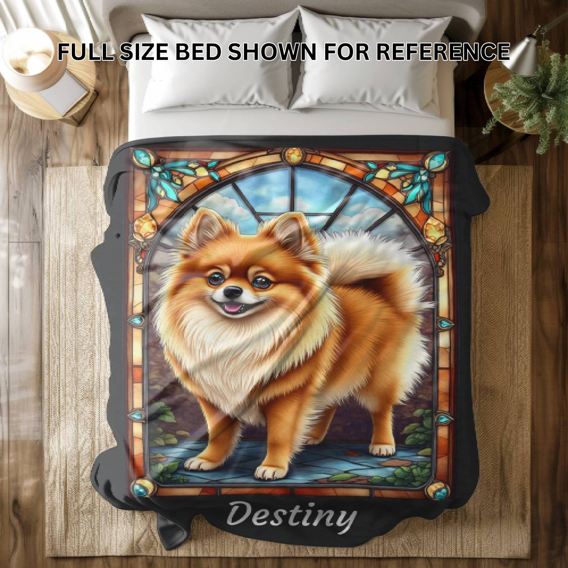 Pomeranian (Orange Sable) Velveteen Plush Stained Glass Dog Blanket, Pet Lover Gift