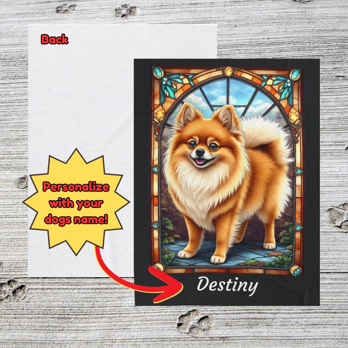 Pomeranian (Orange Sable) Velveteen Plush Stained Glass Dog Blanket, Pet Lover Gift