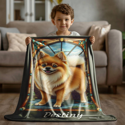 Pomeranian (Orange Sable) Velveteen Plush Stained Glass Dog Blanket, Pet Lover Gift