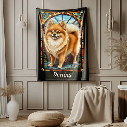 Pomeranian (Orange Sable) Velveteen Plush Stained Glass Dog Blanket, Pet Lover Gift