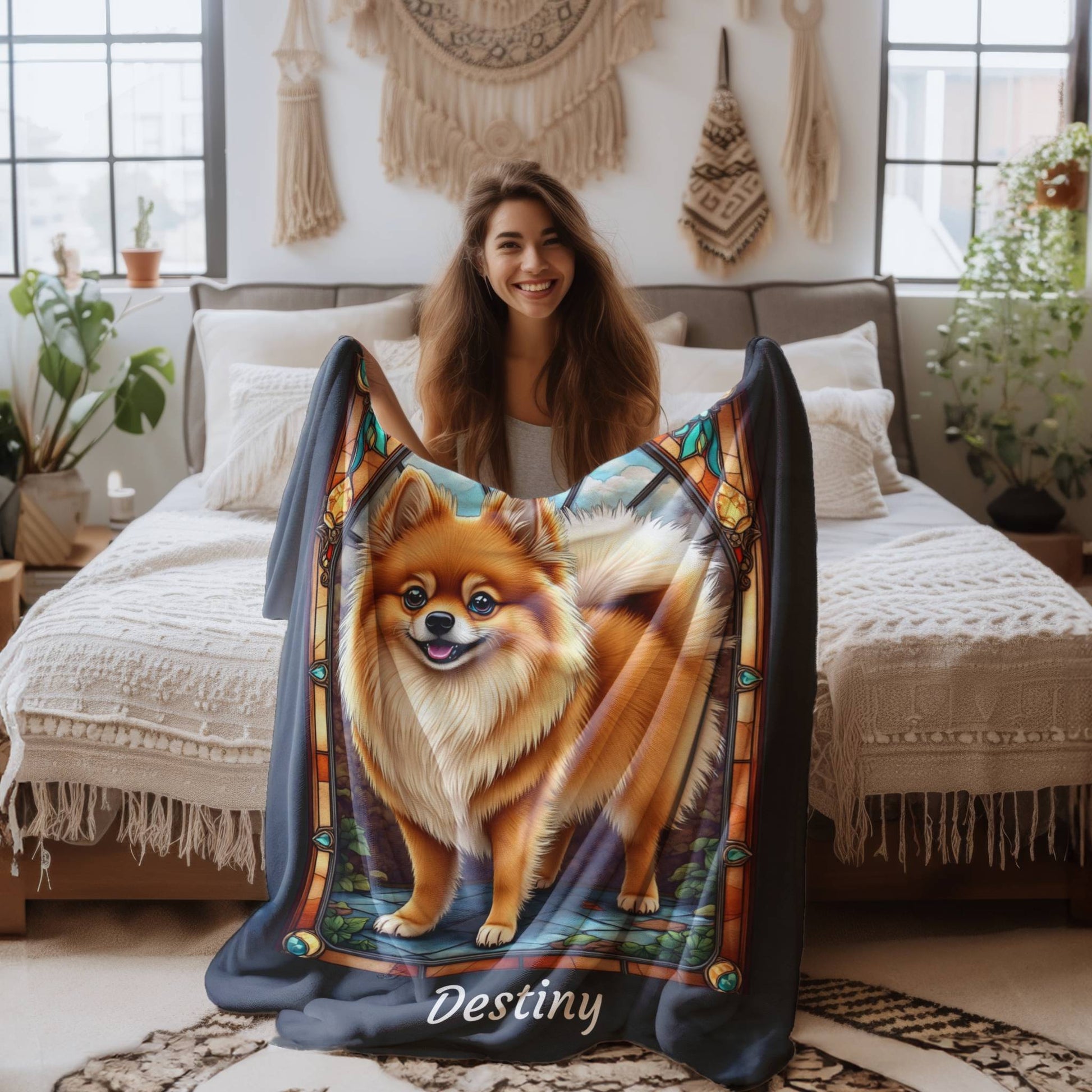 Pomeranian (Orange Sable) Velveteen Plush Stained Glass Dog Blanket, Pet Lover Gift