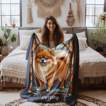 Pomeranian (Orange Sable) Velveteen Plush Stained Glass Dog Blanket, Pet Lover Gift