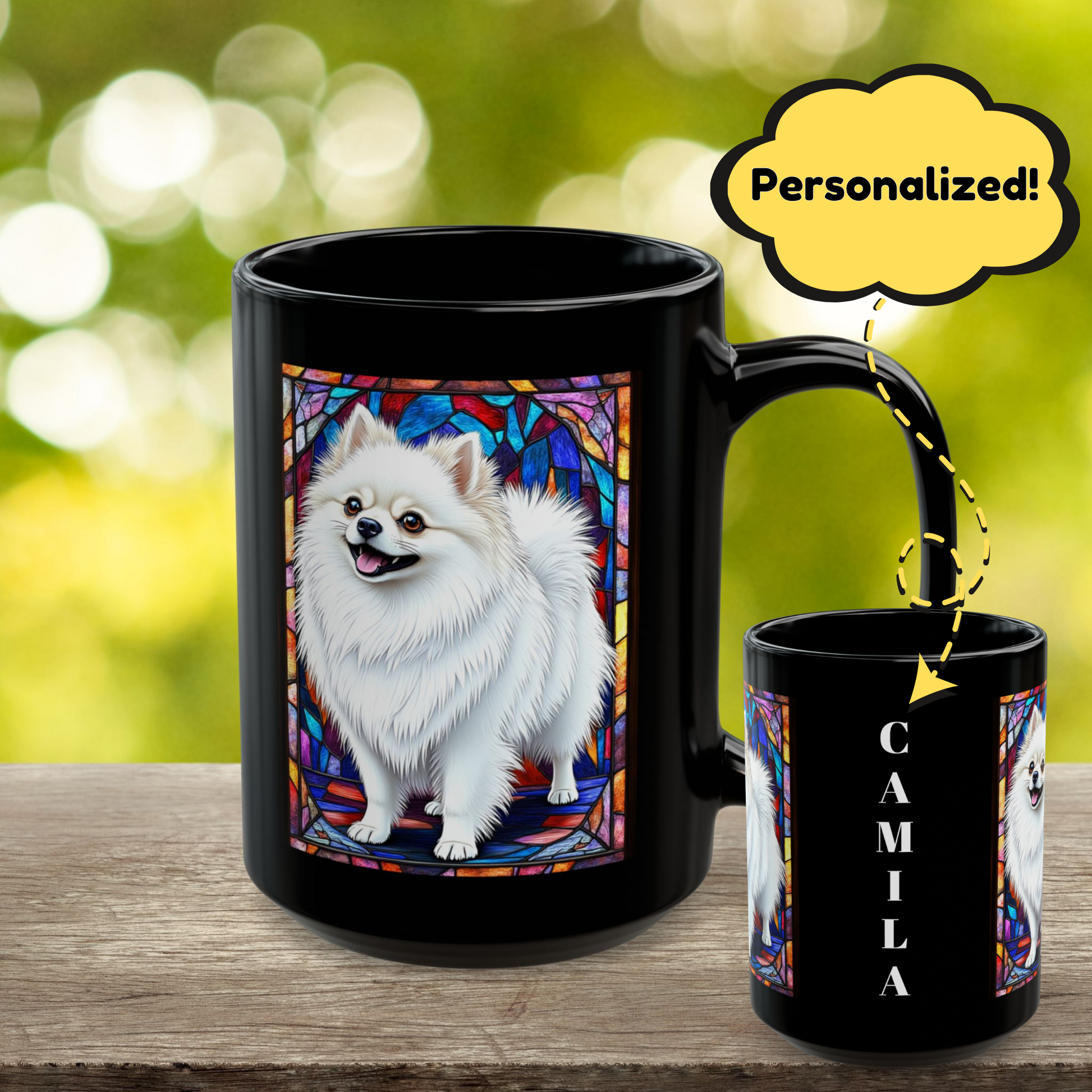 White Pomeranian custom name mug for dog moms and dads