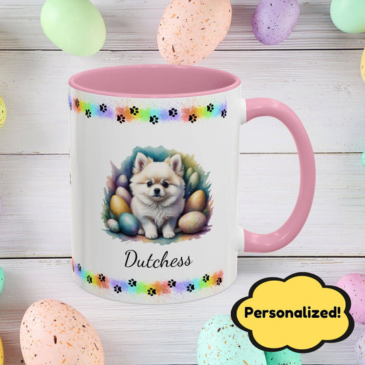 Pomeranian (White): Personalized Easter Puppy Coffee Mug - Adorable Dog Design, Mental Health Gift, 11oz & 15oz, 12 Color Choices, Easter Gifts & Décor